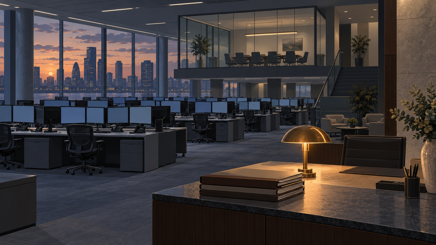 A flat illustration of a quiet trading floor and an advisory desk in a large bank at dusk.