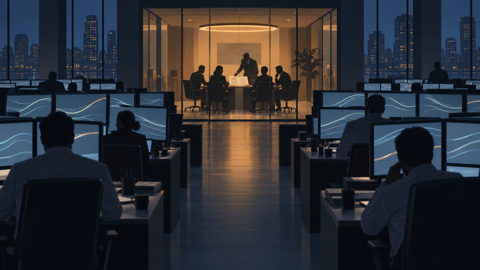 A dim bank trading floor with rows of rate-curve screens and a lit glass meeting room at the far end where a printed earnings table is being reviewed.