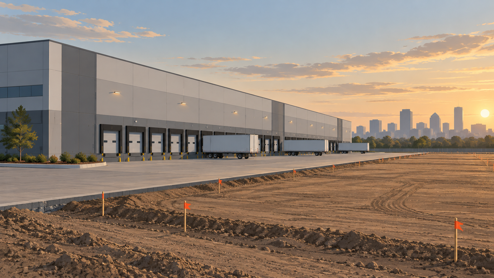 A long modern warehouse with closed loading docks and a few parked trailers stands beside an empty graded plot marked with survey stakes, in late-afternoon light.