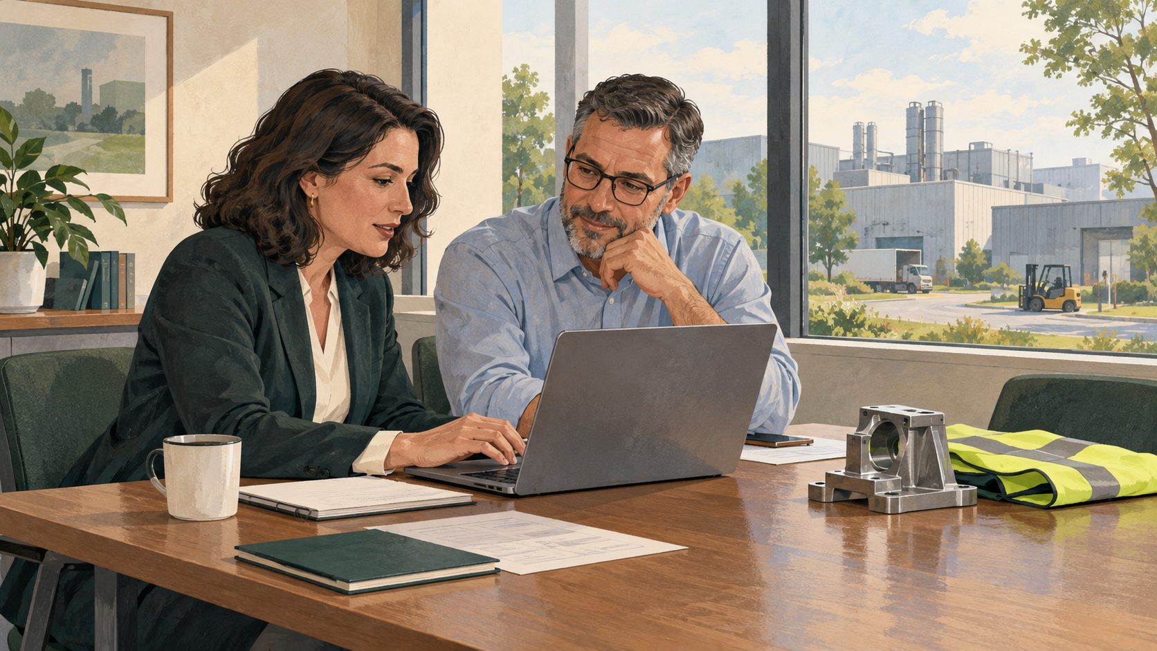 Illustration of two businesspeople reviewing a laptop in an office overlooking a factory, with a metal component and safety vest on the table.