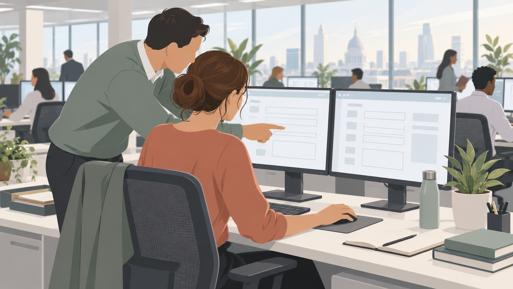 Illustration of two colleagues working at a desk with two monitors in a bright open-plan office.