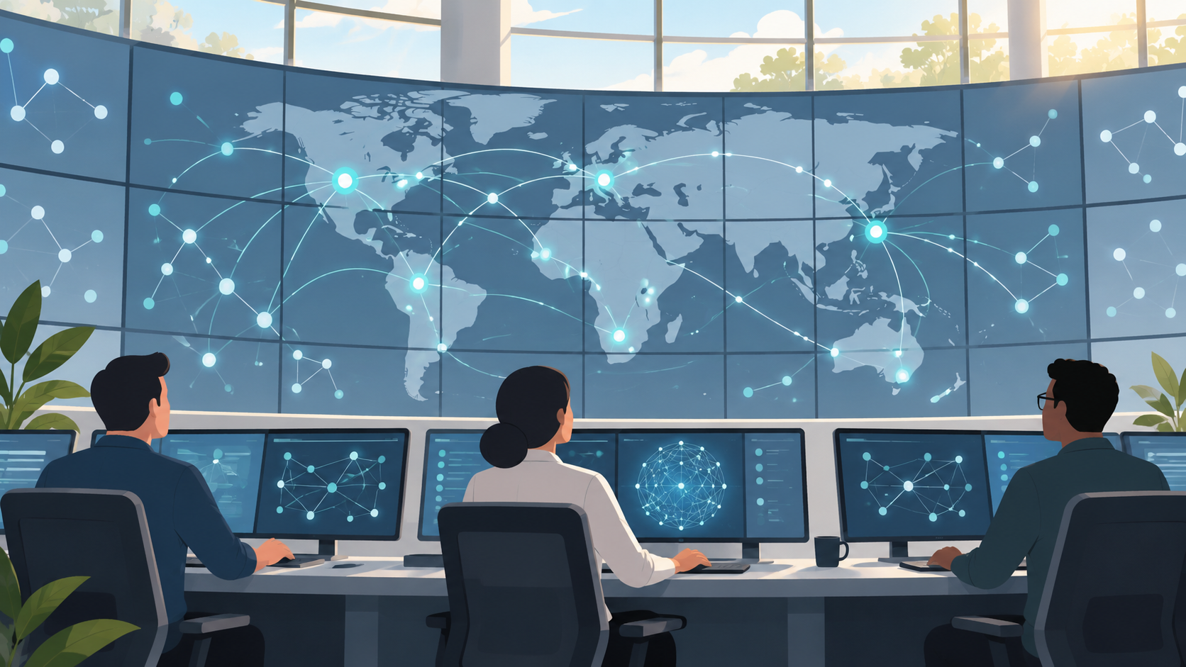 Illustration of three staff at monitors in a bright network operations room, facing a wall of screens showing an abstract world network.