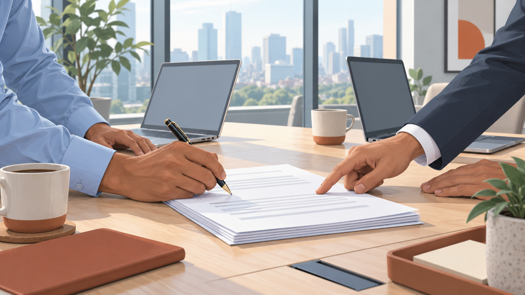 Illustration of two people reviewing paperwork beside laptops in a bright meeting room.