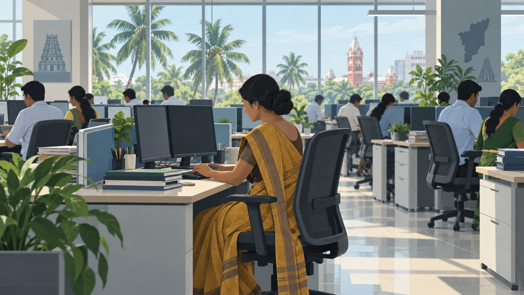 Illustration of employees at desks on a bank office floor in Chennai.