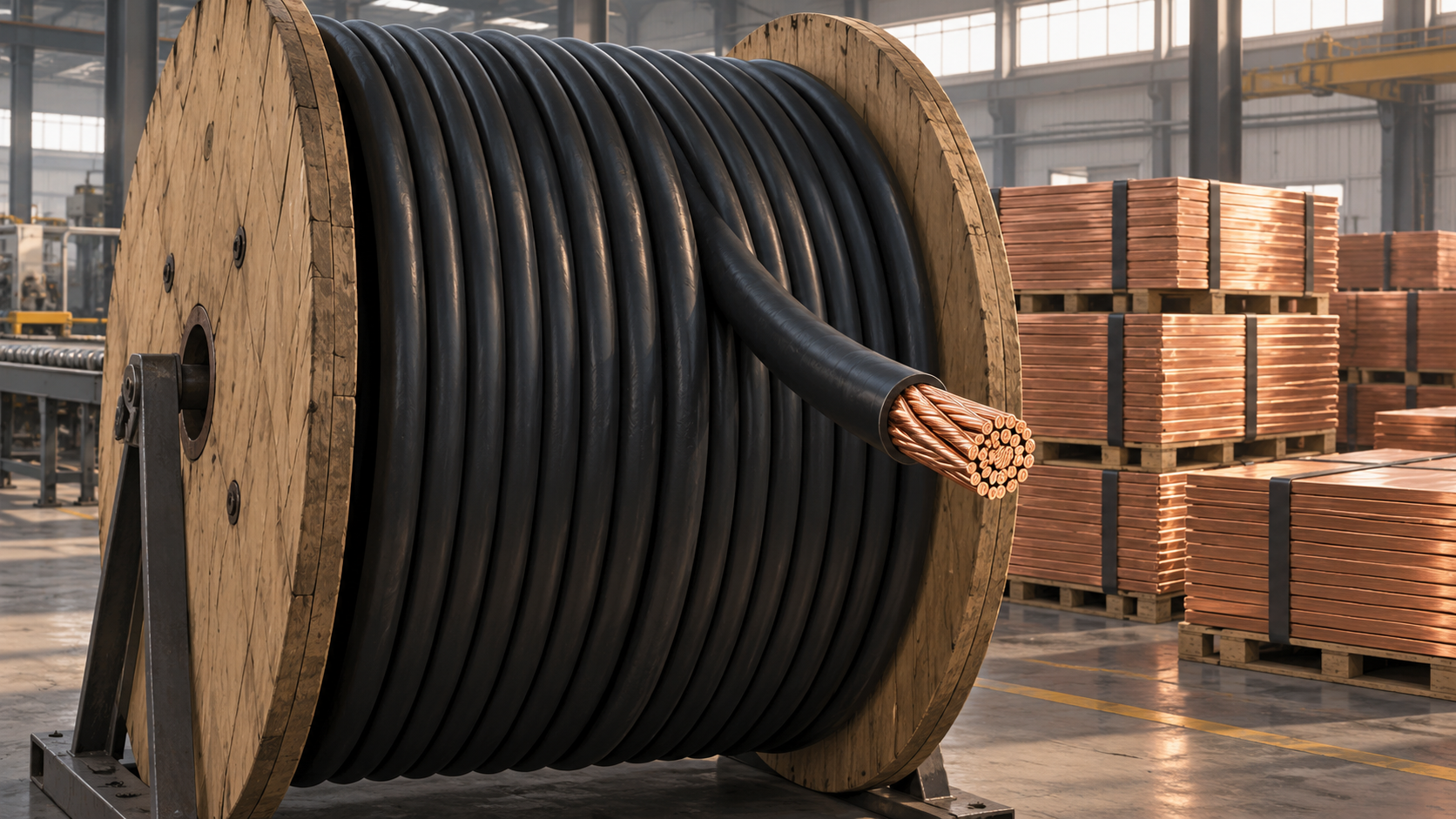 Illustration of a large wooden drum of power cable with an exposed copper end in a factory bay, beside stacked copper sheets.