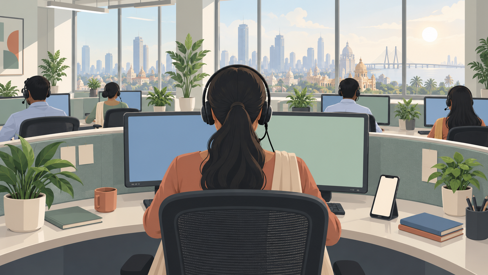 Illustration of an insurance service employee wearing a headset at a desk with two screens in a bright office.