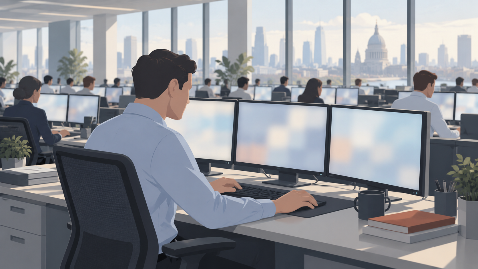 Illustration of an employee working at three monitors on a bright securities operations office floor.