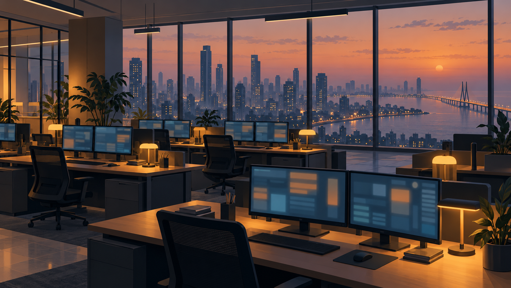 An empty open-plan office floor at dusk with rows of desks and monitors, looking out over a city skyline.